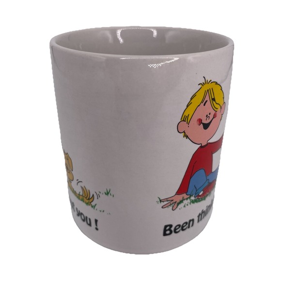 VTG 'Been Thinking About You' 10oz Ceramic Mug Cartoon Blonde Boy And Yellow Dog - Picture 2 of 12